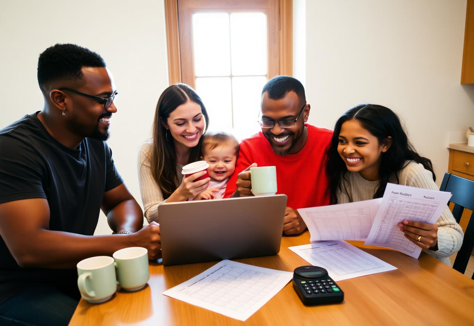 A family reviewing their household budget together at the kitchen table